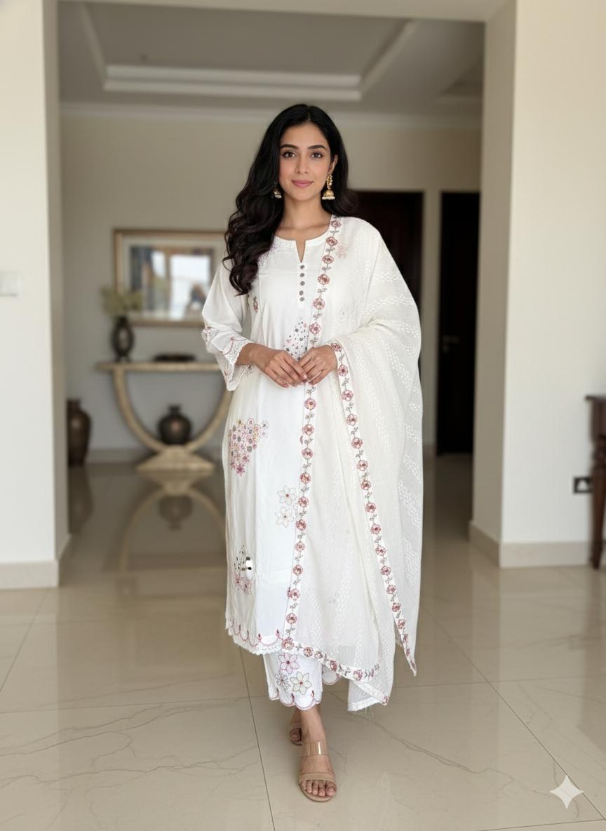 Aulera Signature: The Pristine White Embroidered Mulmul Set