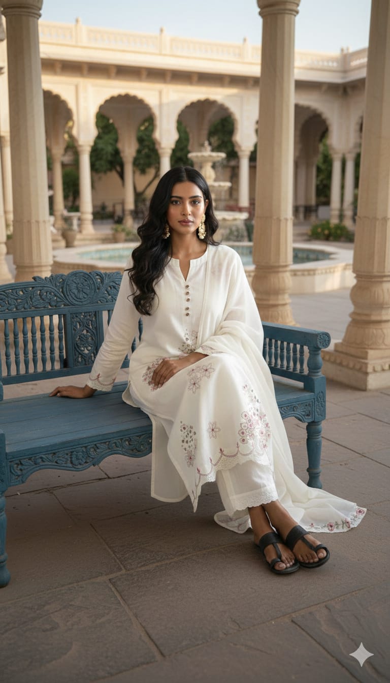 Aulera Signature: The Pristine White Embroidered Mulmul Set