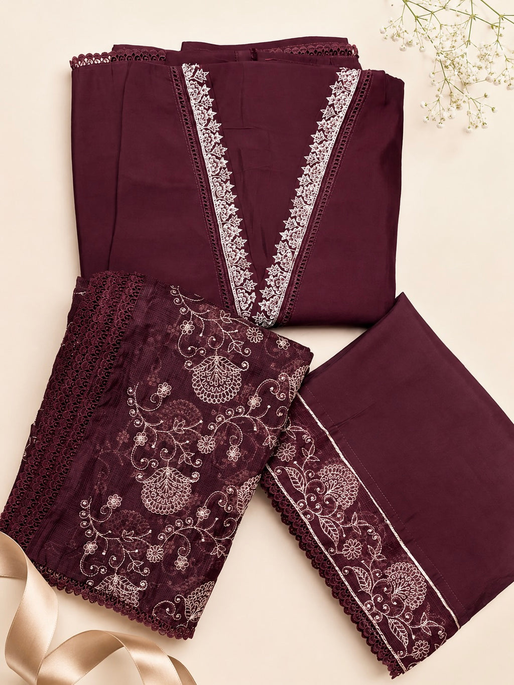 pure Roman Silk Designer Suit Material with Embellished V-Neck & Embroidered Kotta Dupatta