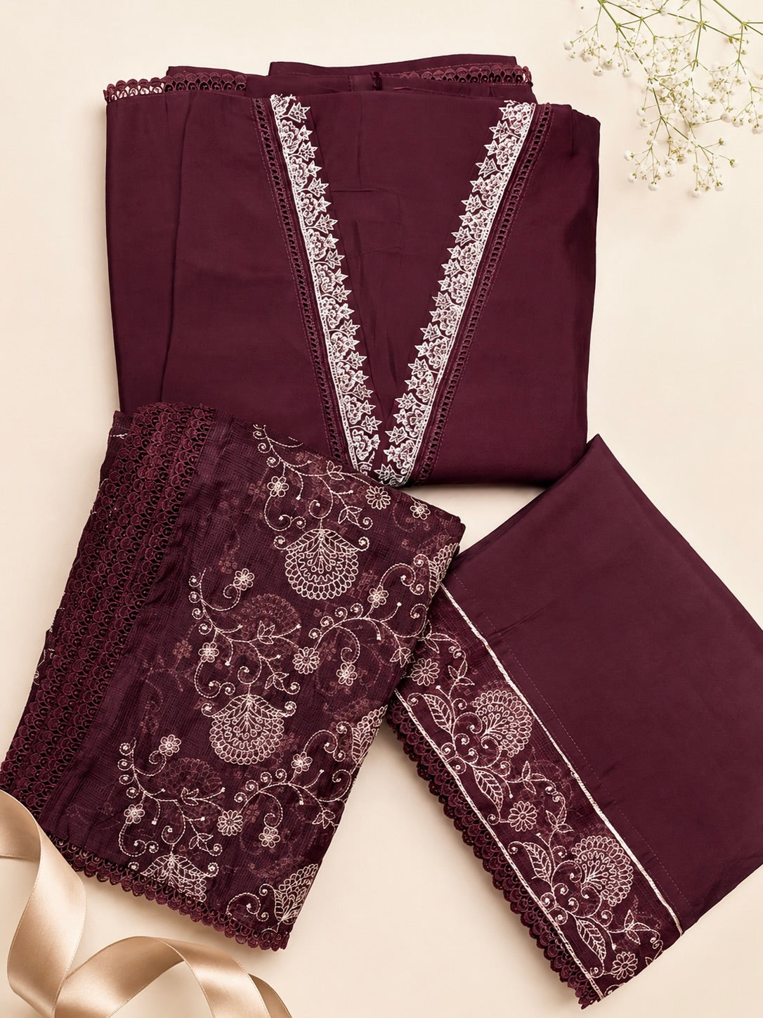 pure Roman Silk Designer Suit Material with Embellished V-Neck & Embroidered Kotta Dupatta