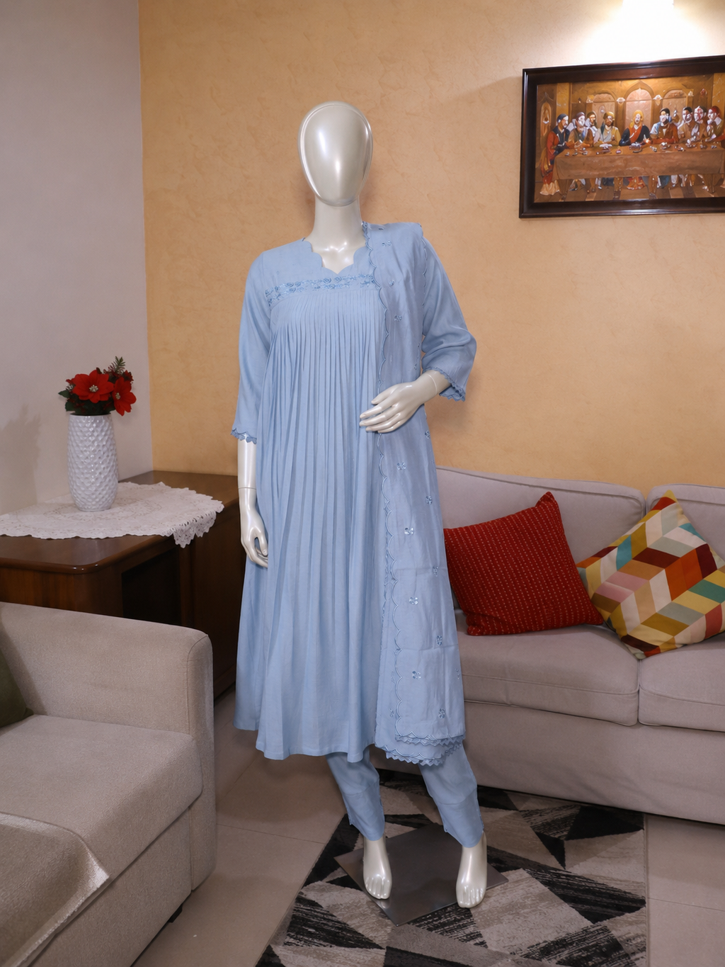 Pastel Blue Chanderi Pleated 3-Piece Suit Set with beautiful neckline & gatherings